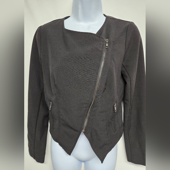 Bongo S Black Jacket Asymetrical Zipper Pointed Ends Long Sleeve Faux Pockets - Picture 2 of 7